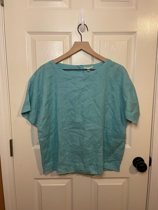 Eileen Fisher Tops - Eileen Fisher Linen Pocket Top in Aqua Blue Coastal Grandmother Size Small